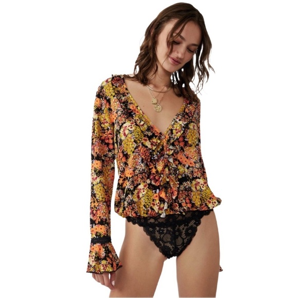 Free People Tops - Free People “Heat Wave” Lace Floral Button Bodysuit in “Midnight Combo” Large 🖤